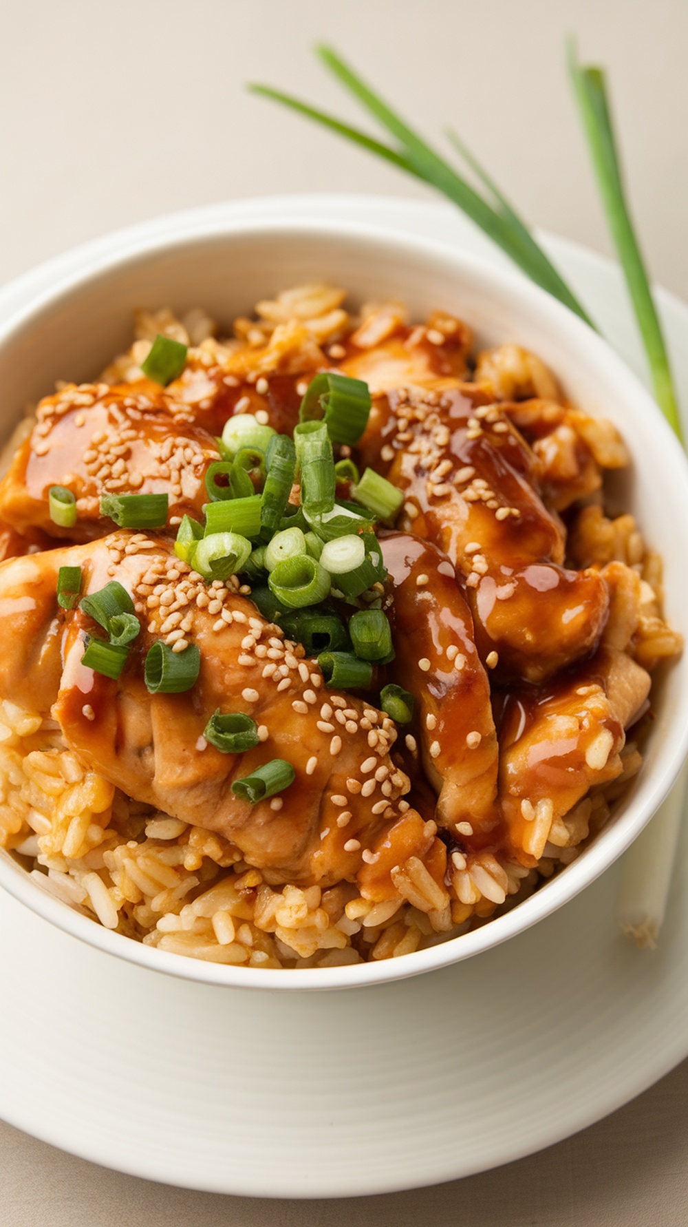 A bowl of teriyaki chicken served over rice, garnished with green onions and sesame seeds.