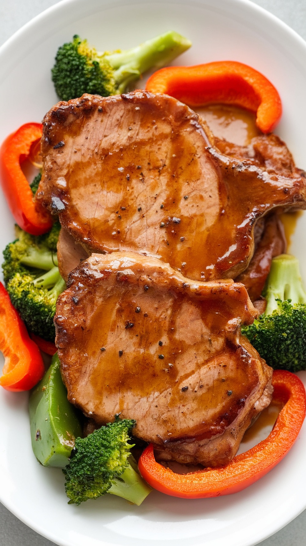 Teriyaki pork chops with broccoli and bell peppers served on a plate.