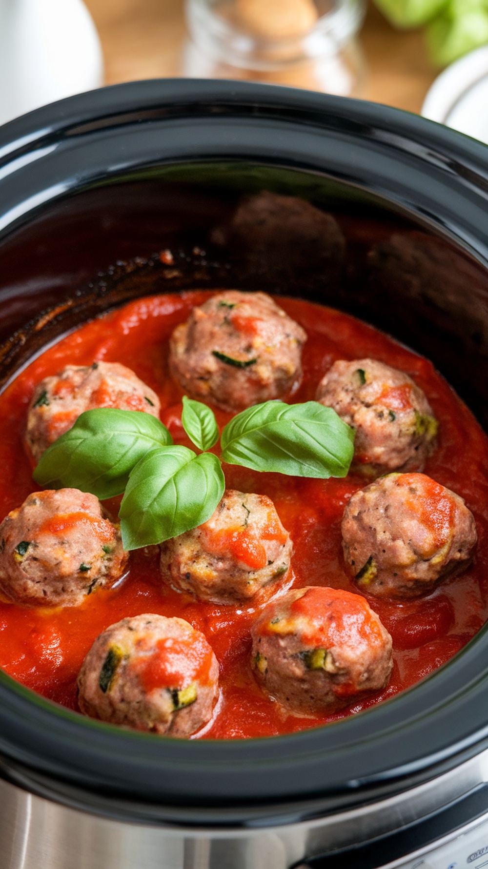 Delicious turkey and zucchini meatballs in marinara sauce with fresh basil on top