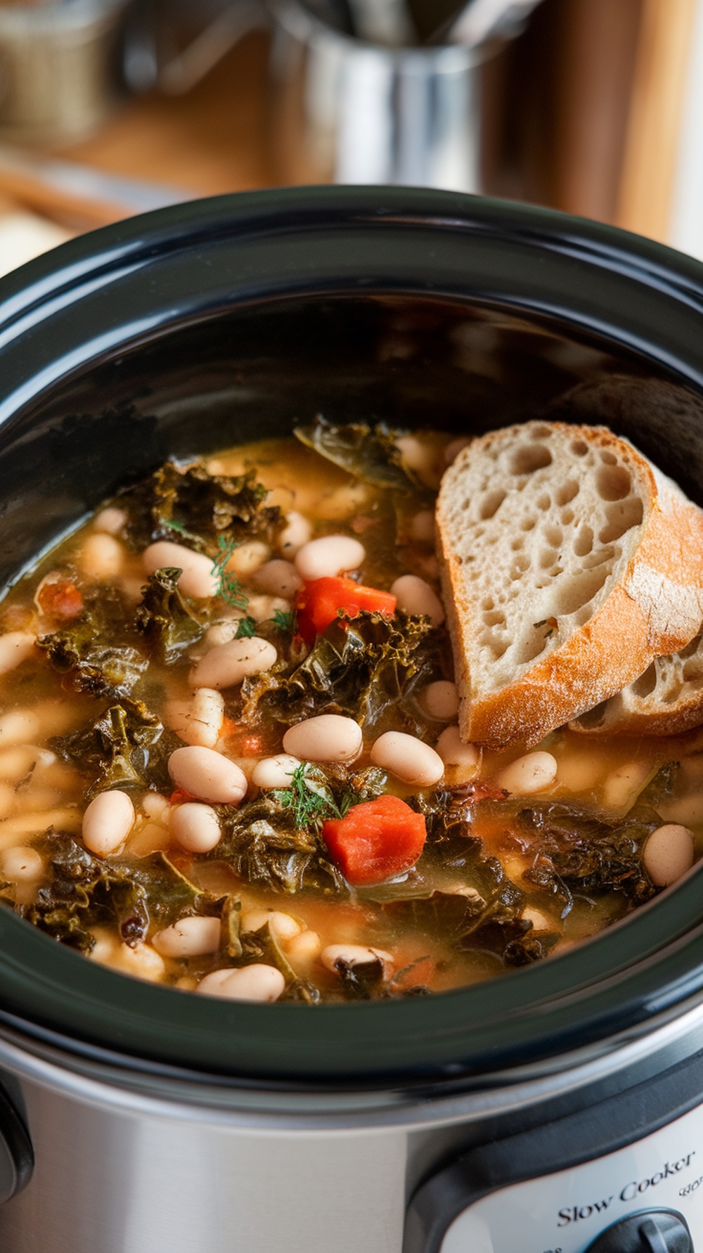 A bowl of Tuscan White Bean and Kale Soup with a slice of bread on the side.