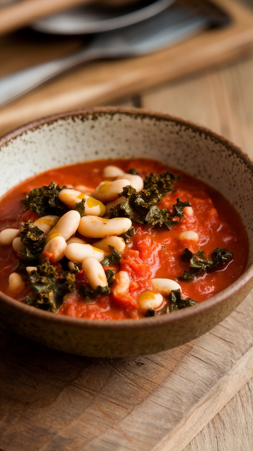 A bowl of Tuscan White Bean and Kale Stew.