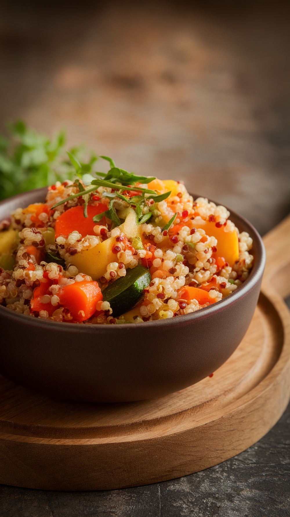 A bowl of colorful vegetable and quinoa stew