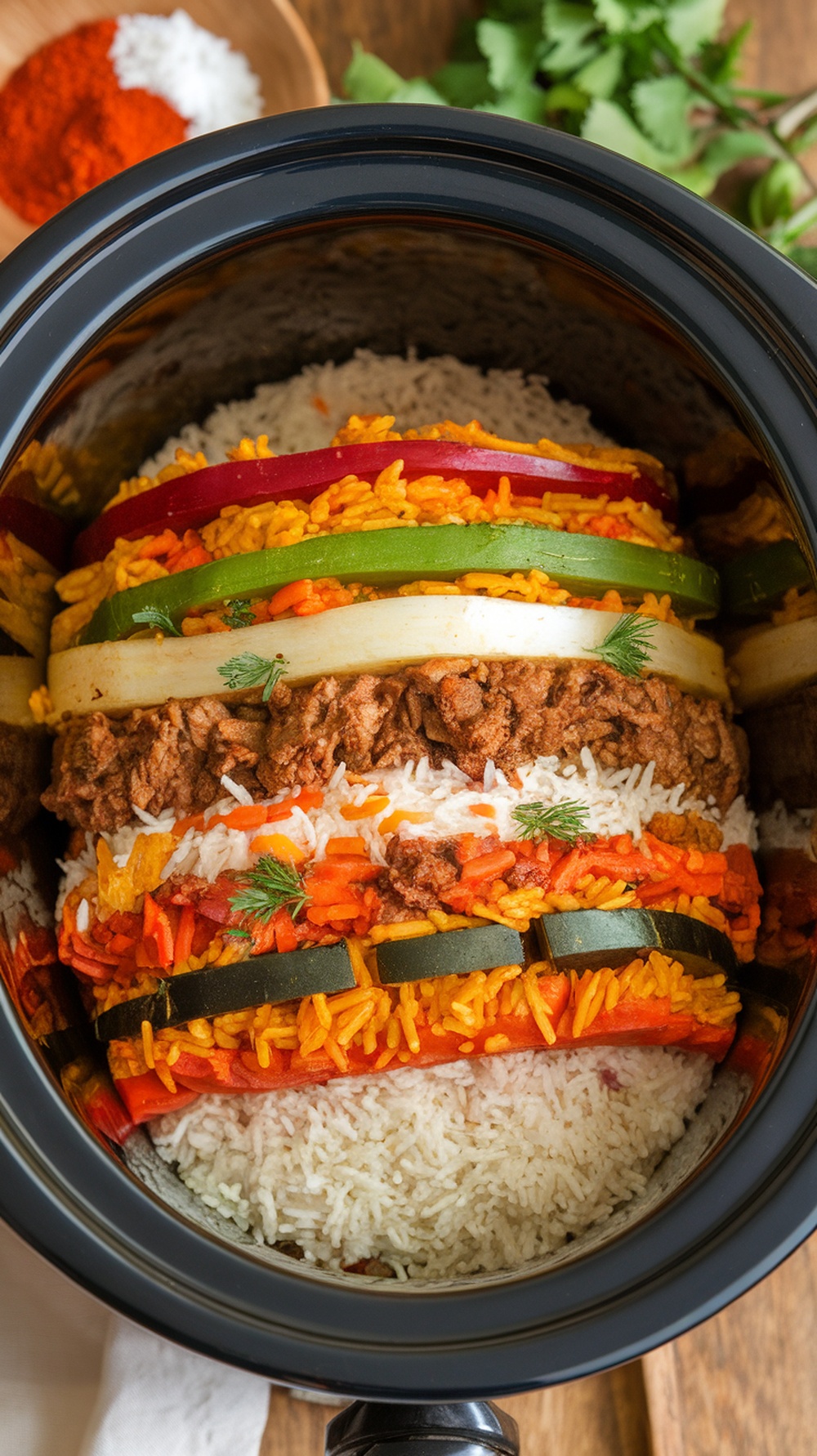 A vibrant bowl of Vegetable Biryani with layers of rice and vegetables.