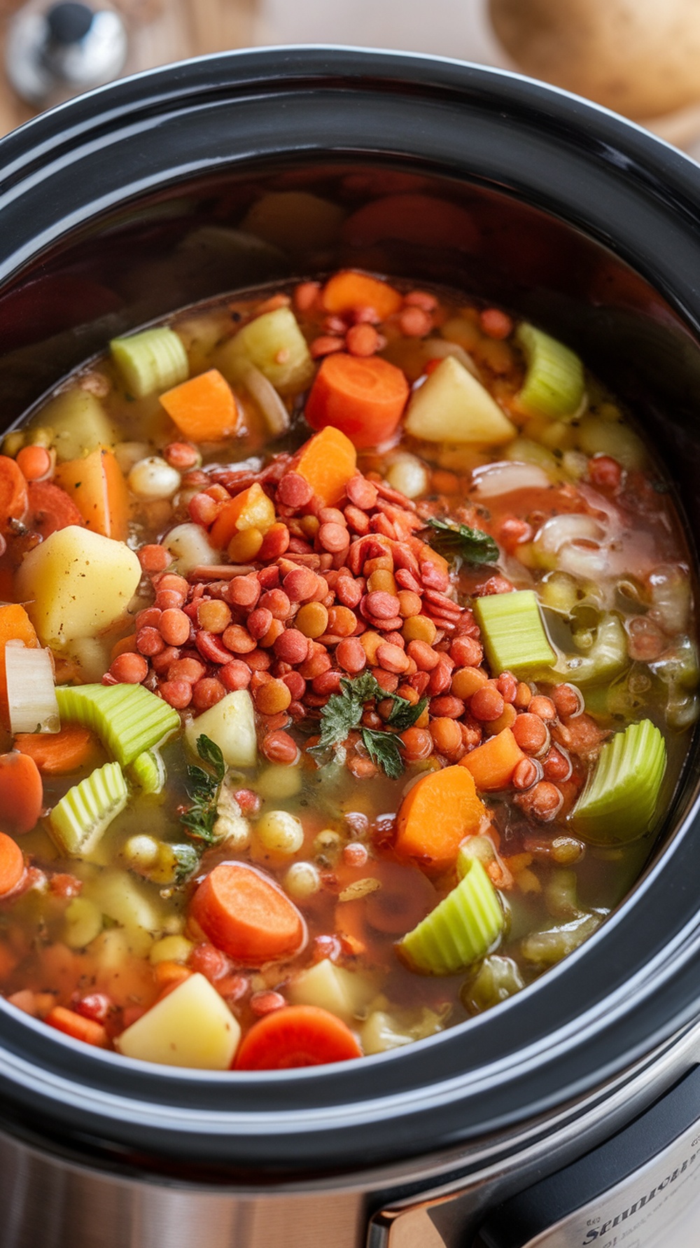 A pot of colorful vegetable lentil soup with carrots, celery, potatoes, and lentils.