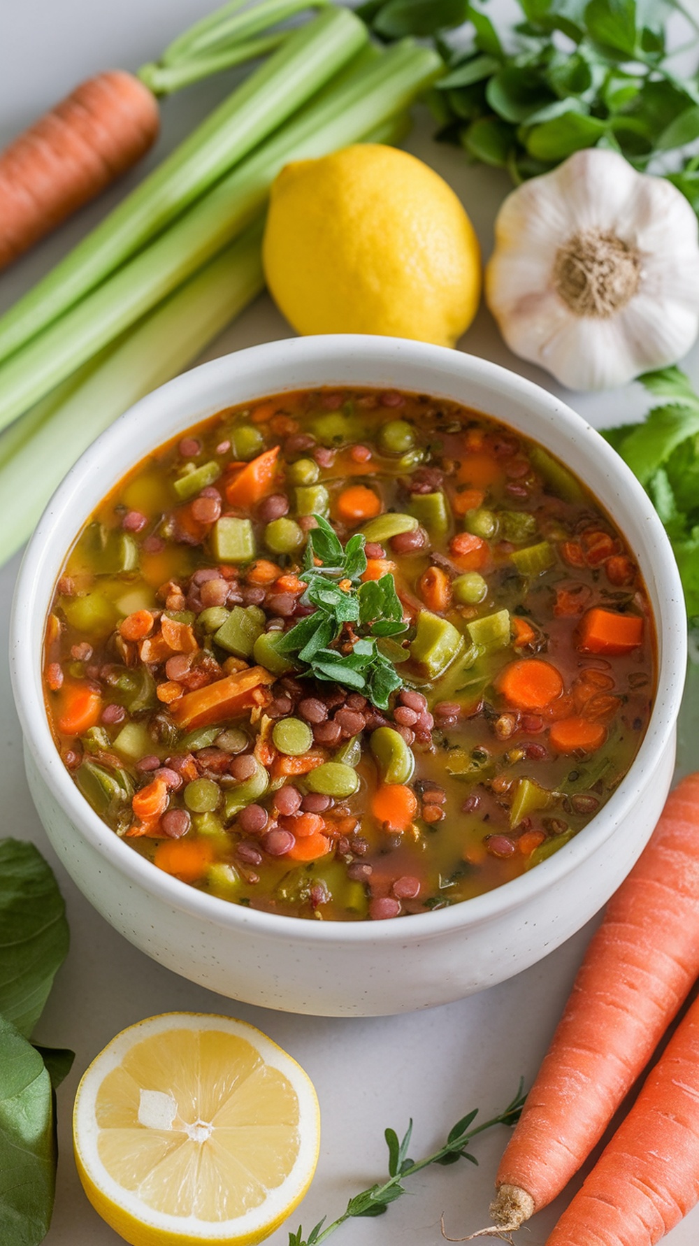 A bowl of vegetable lentil soup surrounded by fresh vegetables.
