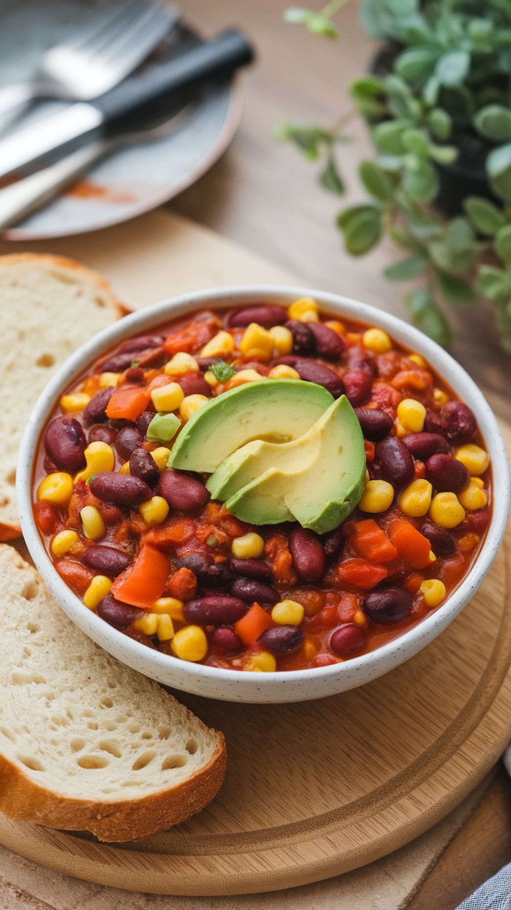 A bowl of vegetarian chili packed with beans, topped with avocado slices, served with bread.