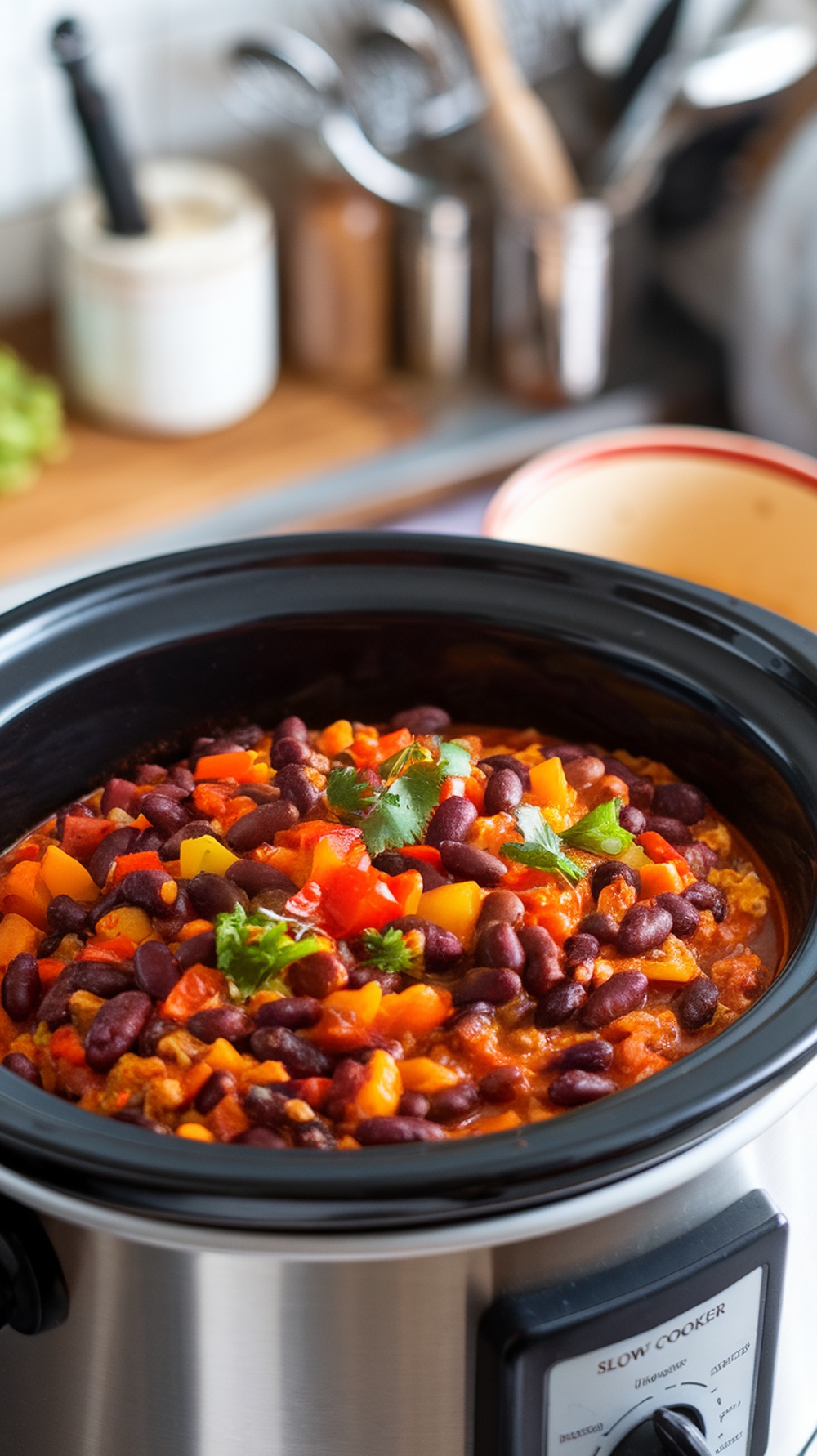 A bowl of vegetarian chili with black beans, colorful vegetables, and garnished with fresh herbs.