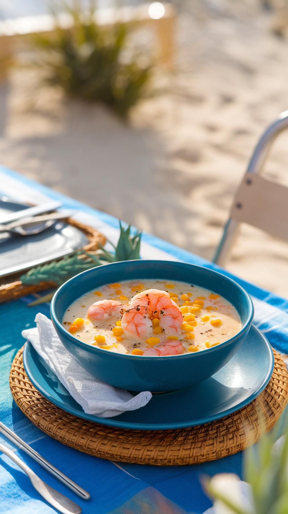 A bowl of Zesty Shrimp and Corn Chowder with shrimp and corn