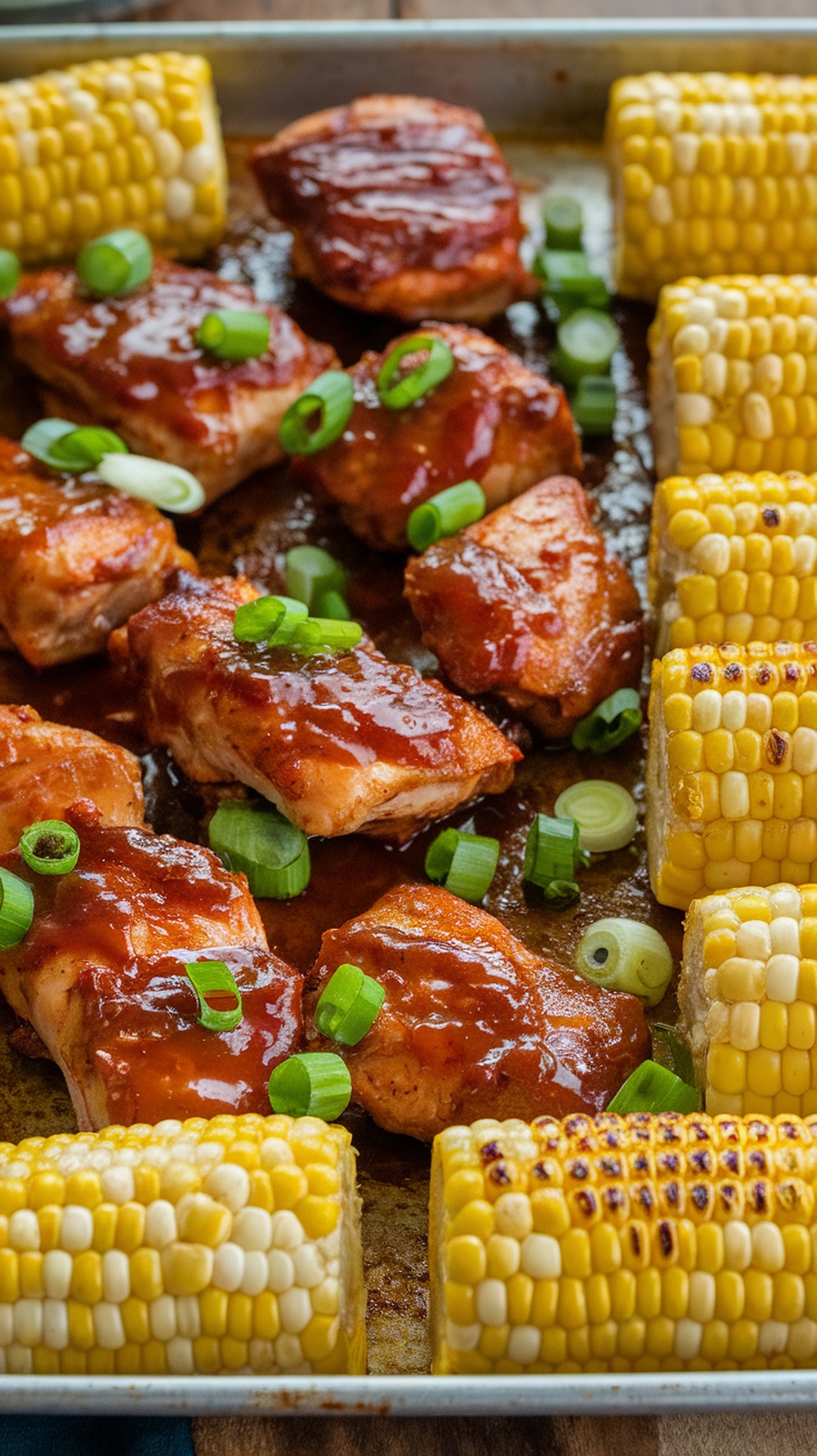 BBQ chicken thighs with corn on the cob on a sheet pan, garnished with green onions