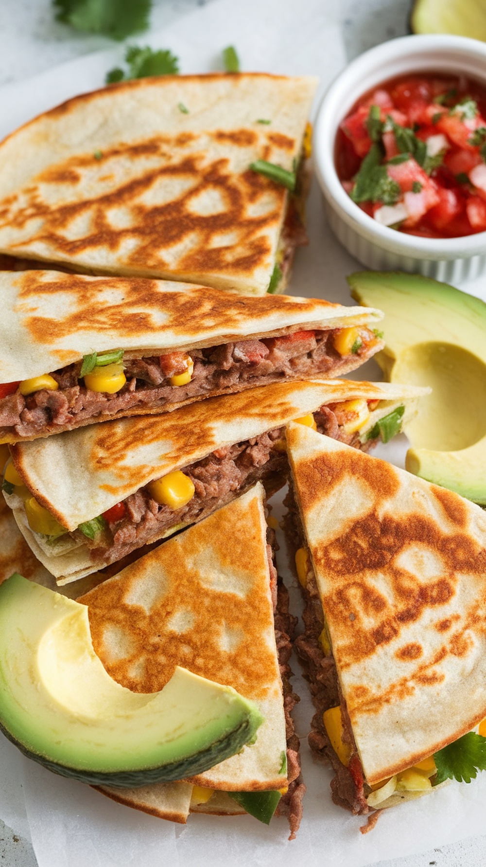 Delicious beef and corn quesadillas with avocado slices and salsa