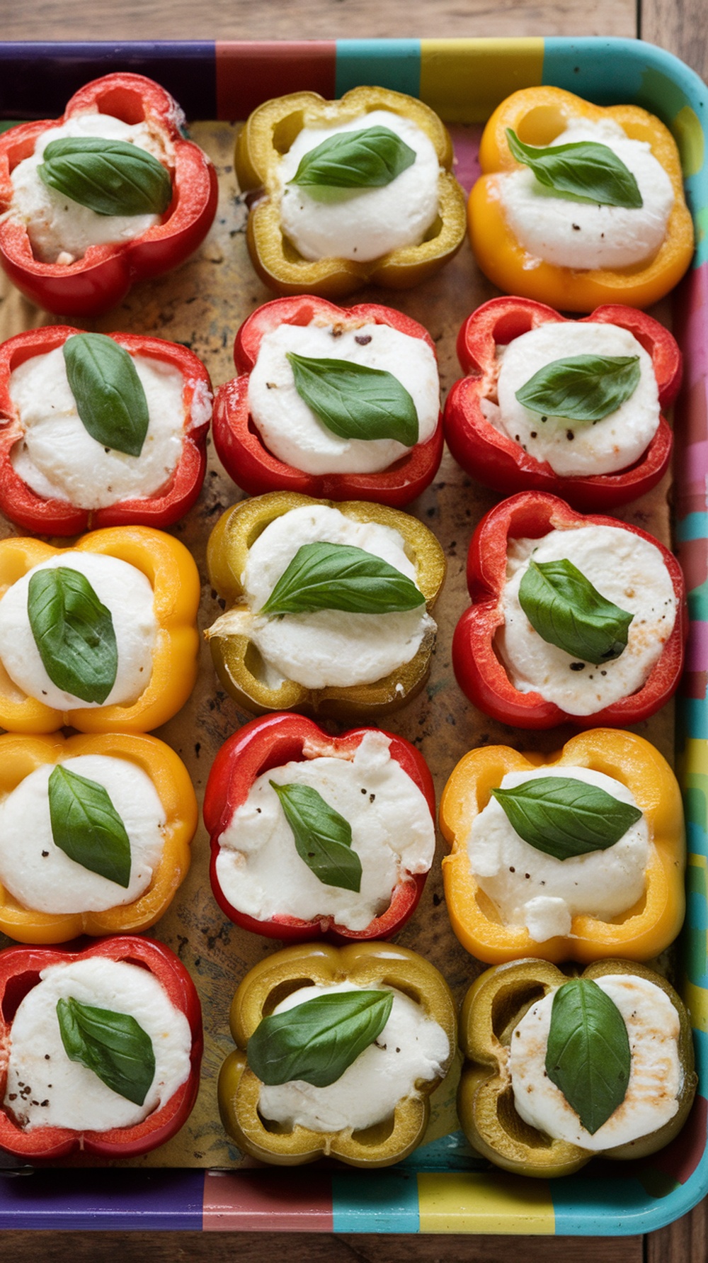 Colorful Caprese stuffed bell peppers with mozzarella and basil on a baking tray.