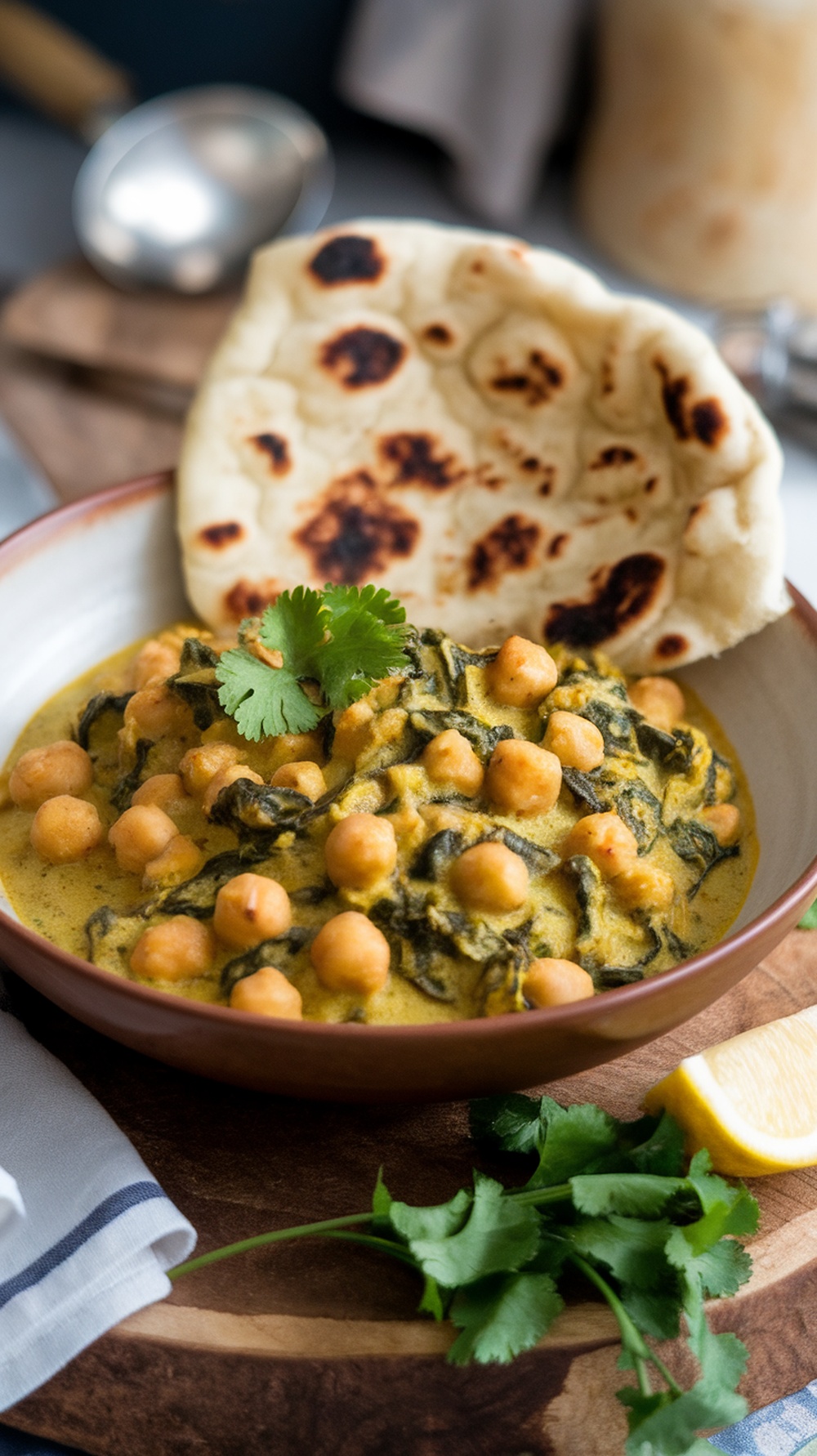 A bowl of chickpea and spinach curry with naan and fresh cilantro