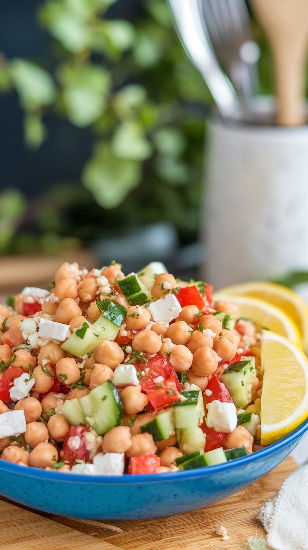 A colorful chickpea salad with feta cheese and cucumber in a blue bowl, garnished with lemon slices.