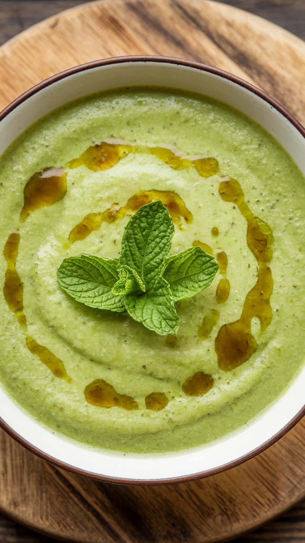 A bowl of chilled cucumber soup garnished with mint leaves and olive oil.