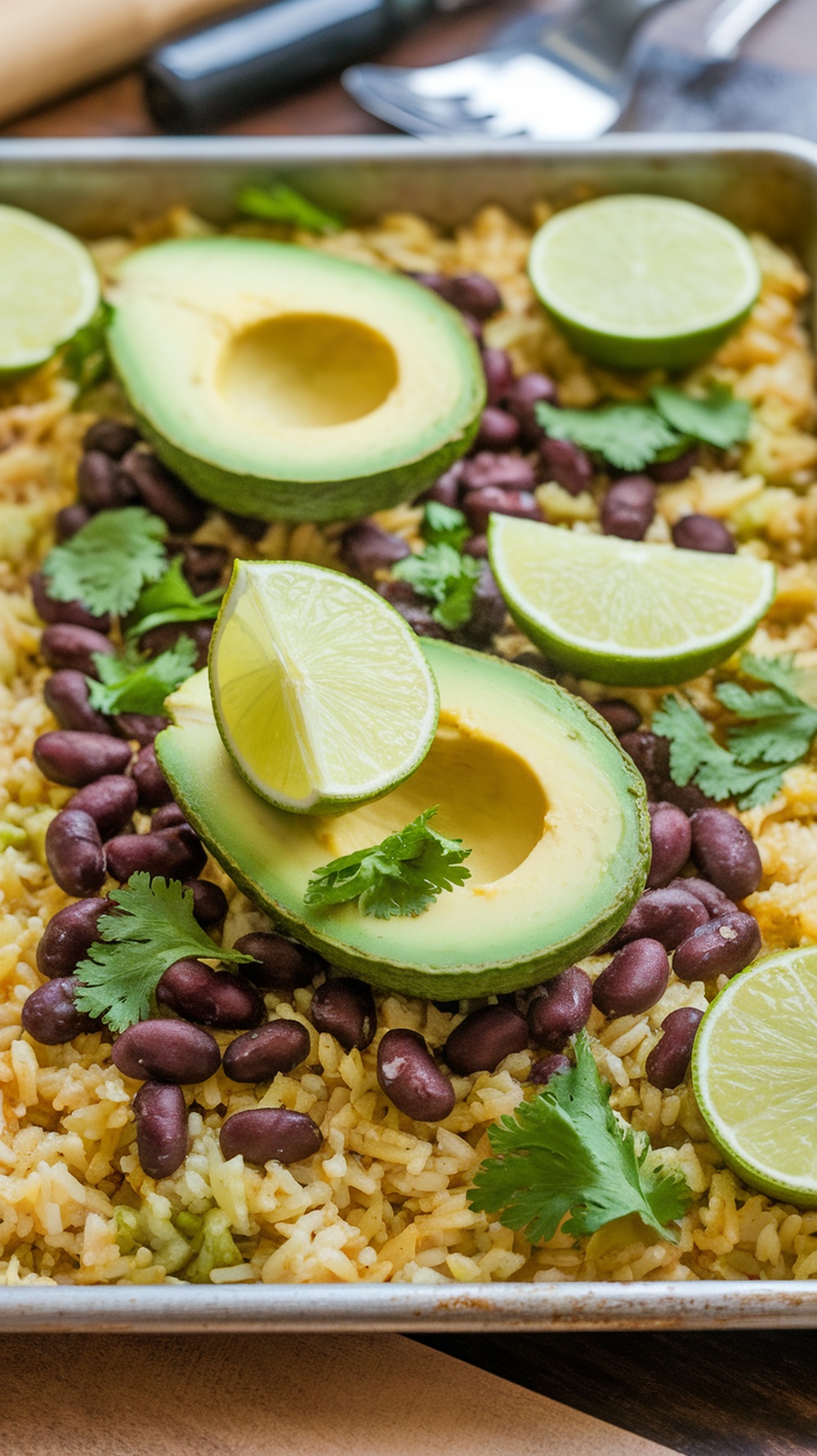 A sheet pan filled with cilantro lime rice, black beans, avocado halves, lime wedges, and fresh cilantro.