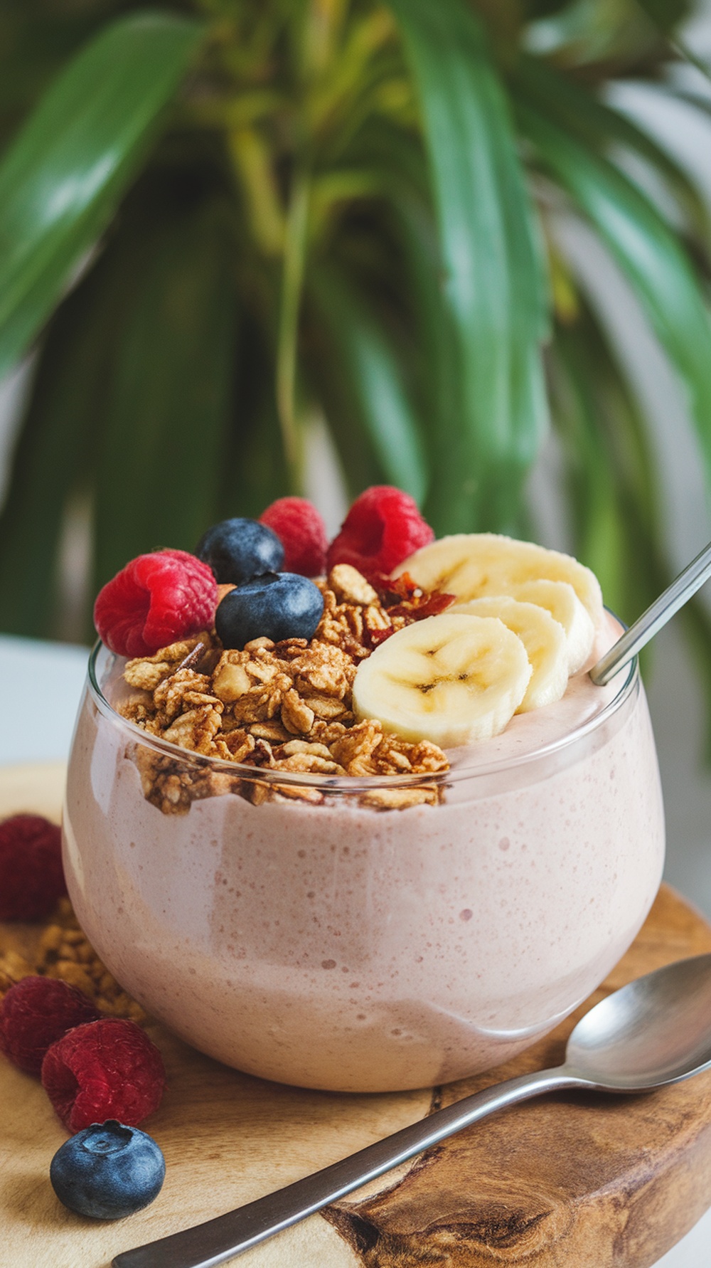 A coconut milk smoothie bowl topped with granola, sliced bananas, blueberries, and raspberries.
