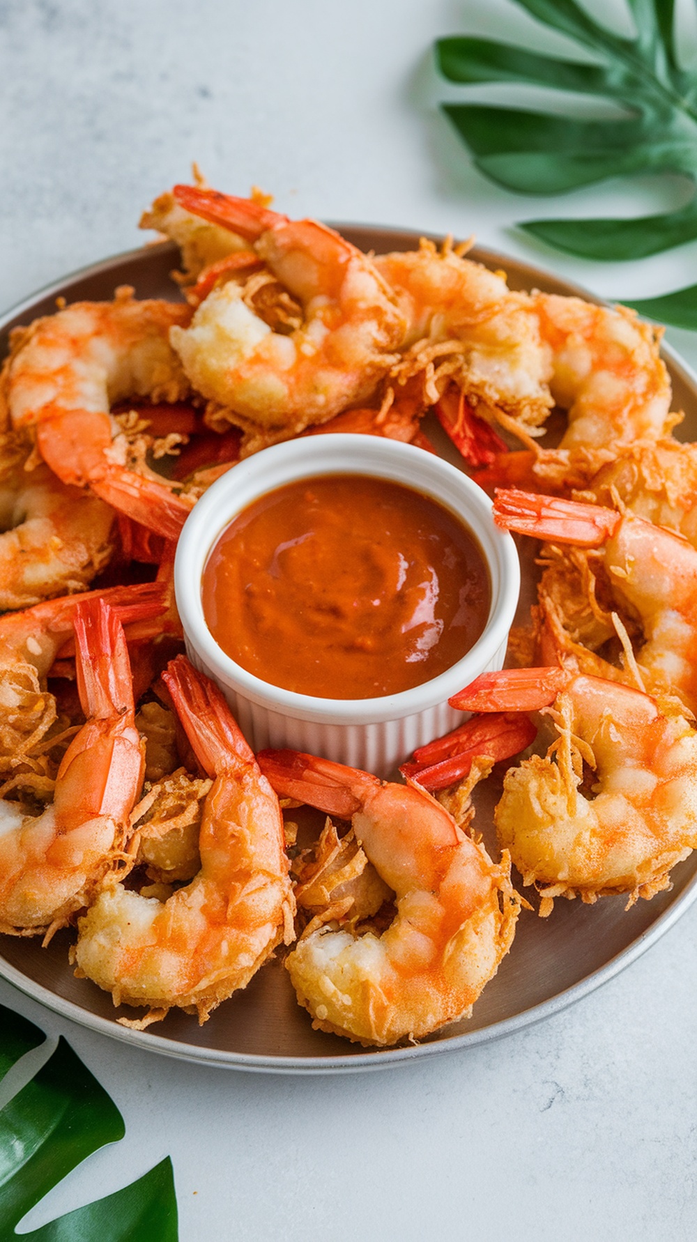 A plate of crispy coconut shrimp with a bowl of sweet chili sauce in the center, garnished with tropical leaves.
