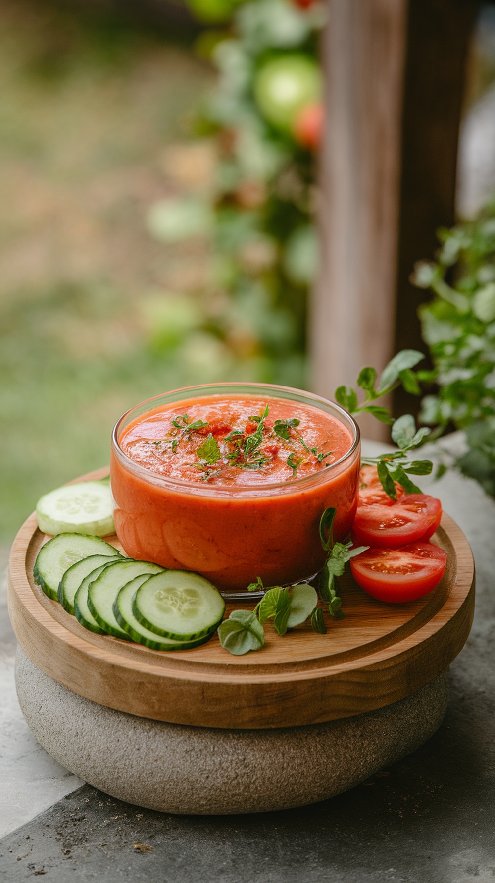 A bowl of cucumber and tomato gazpacho garnished with herbs, served with cucumber slices and tomato slices on a wooden platter.