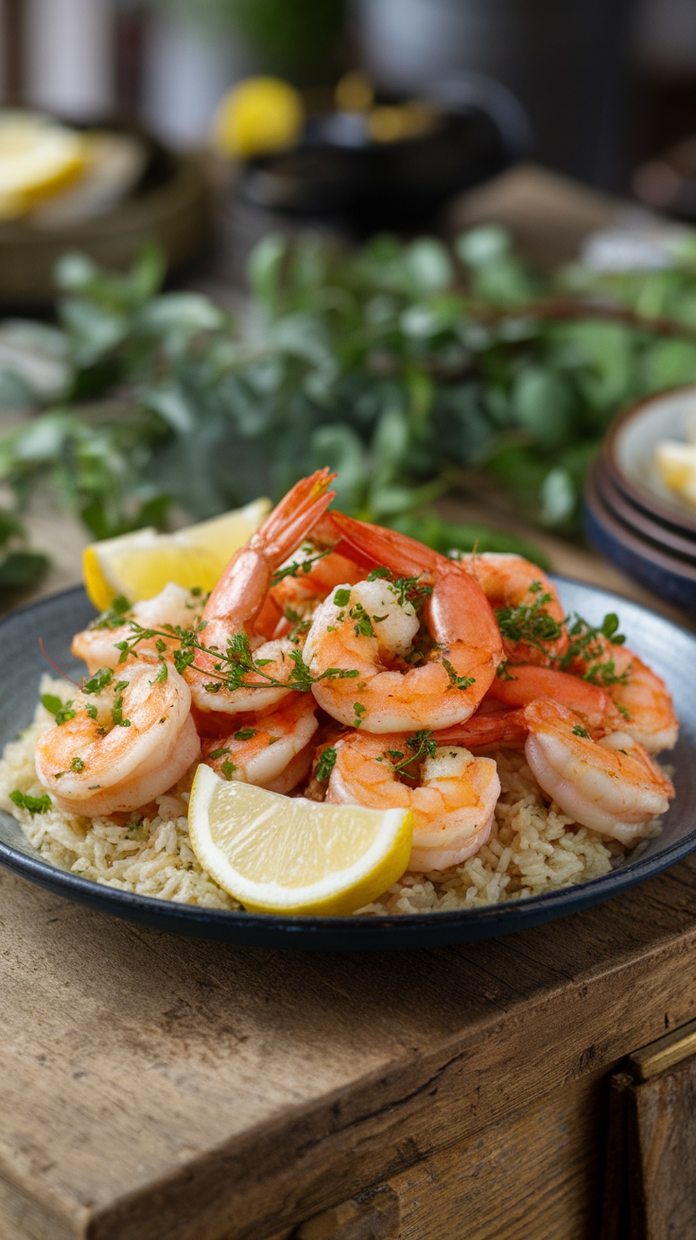 A plate of garlic butter shrimp with lemon served over rice, garnished with parsley.