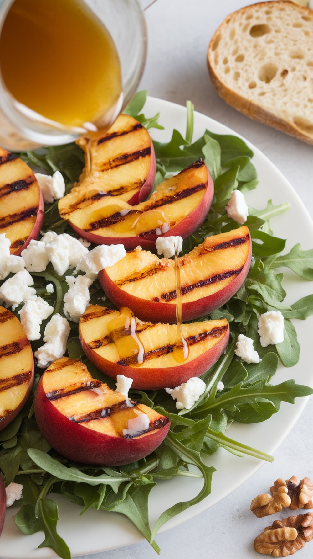 A vibrant salad featuring grilled peach slices on arugula, topped with feta cheese and walnuts, with honey being drizzled over it.