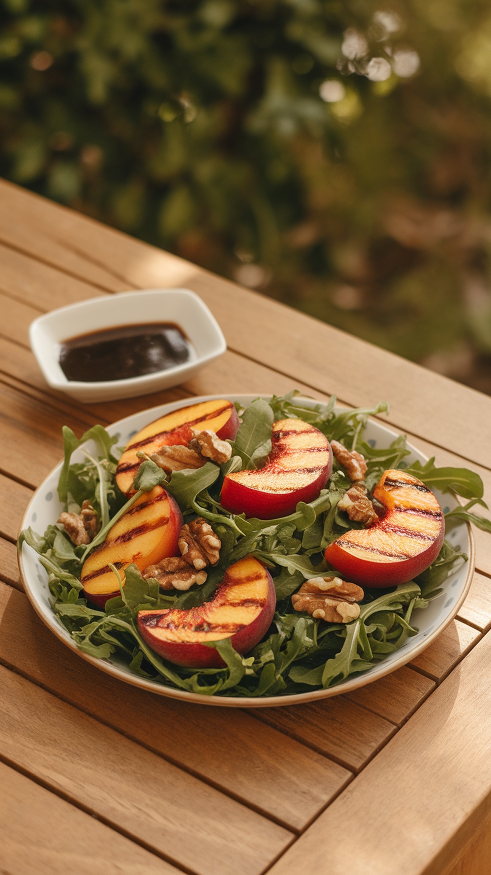 A plate of grilled peach and arugula salad with walnuts and a small bowl of balsamic dressing on a wooden table.