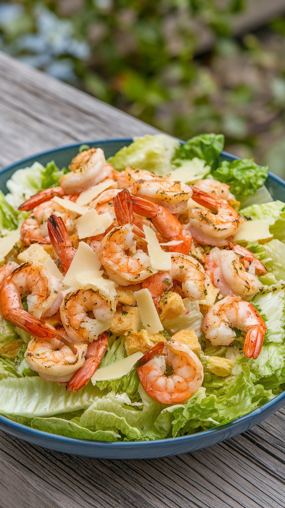 A bowl of Grilled Shrimp Caesar Salad with shrimp, lettuce, croutons, and Parmesan cheese.