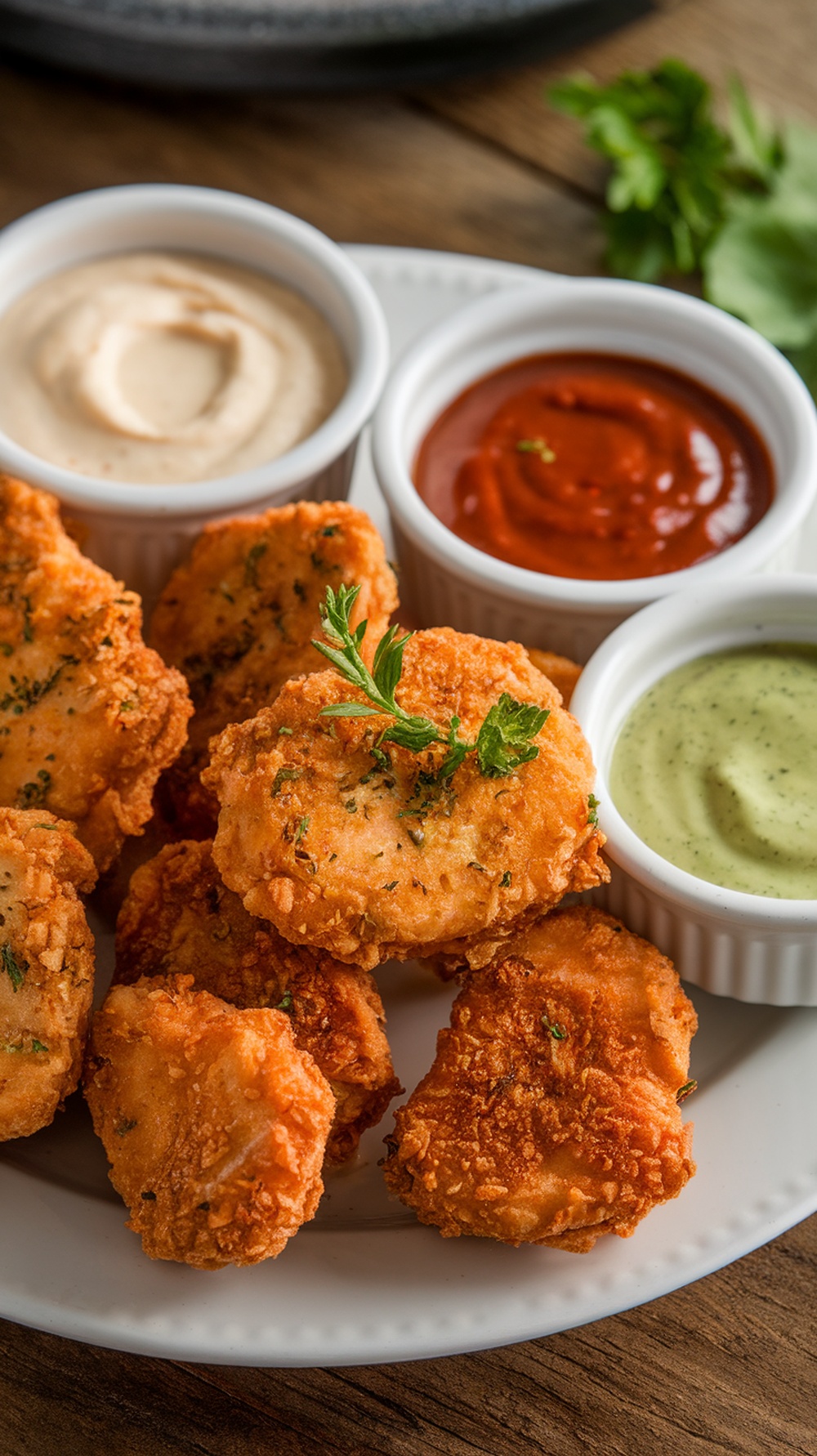 A plate of homemade chicken nuggets with various dipping sauces