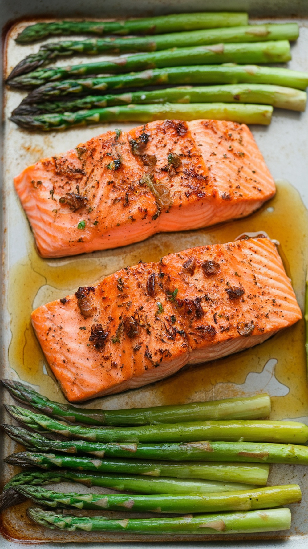 Honey garlic salmon fillets with asparagus on a sheet pan