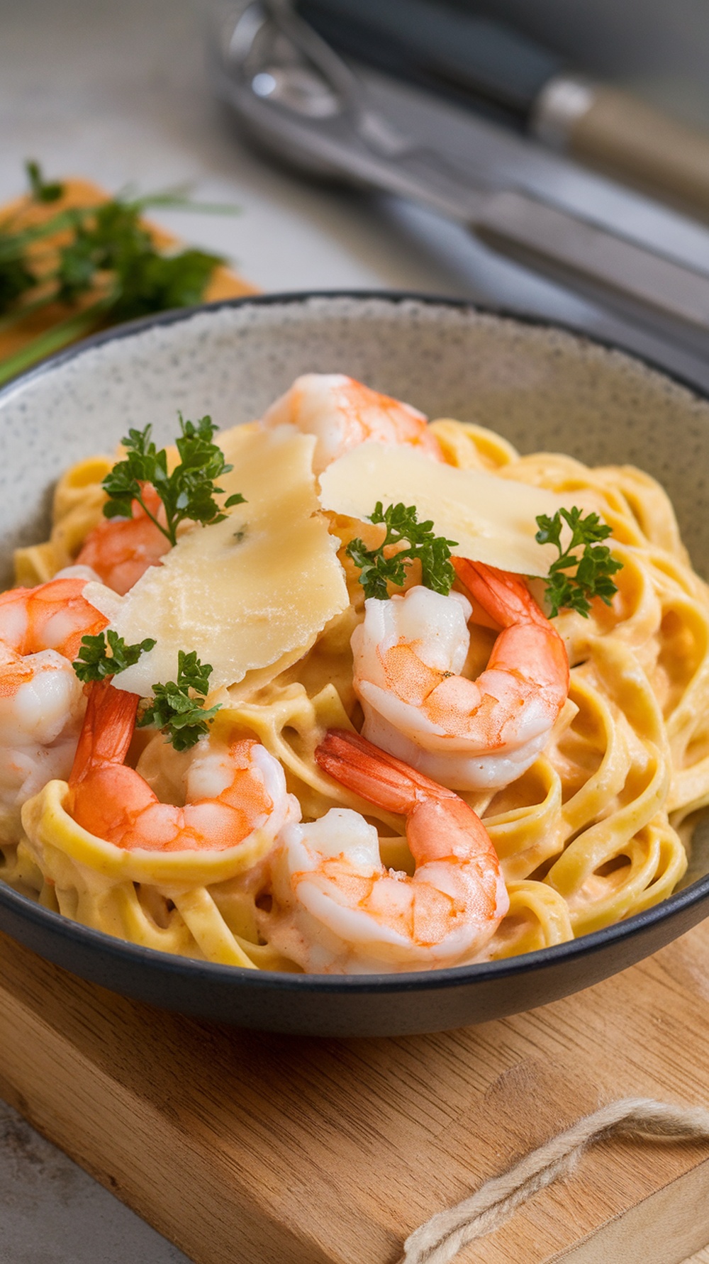 A bowl of lemon garlic shrimp pasta with shrimp, parsley, and cheese on top.