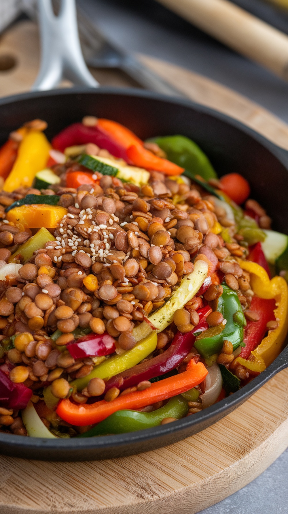 A colorful lentil and vegetable stir-fry in a skillet, featuring bell peppers, zucchini, and lentils.