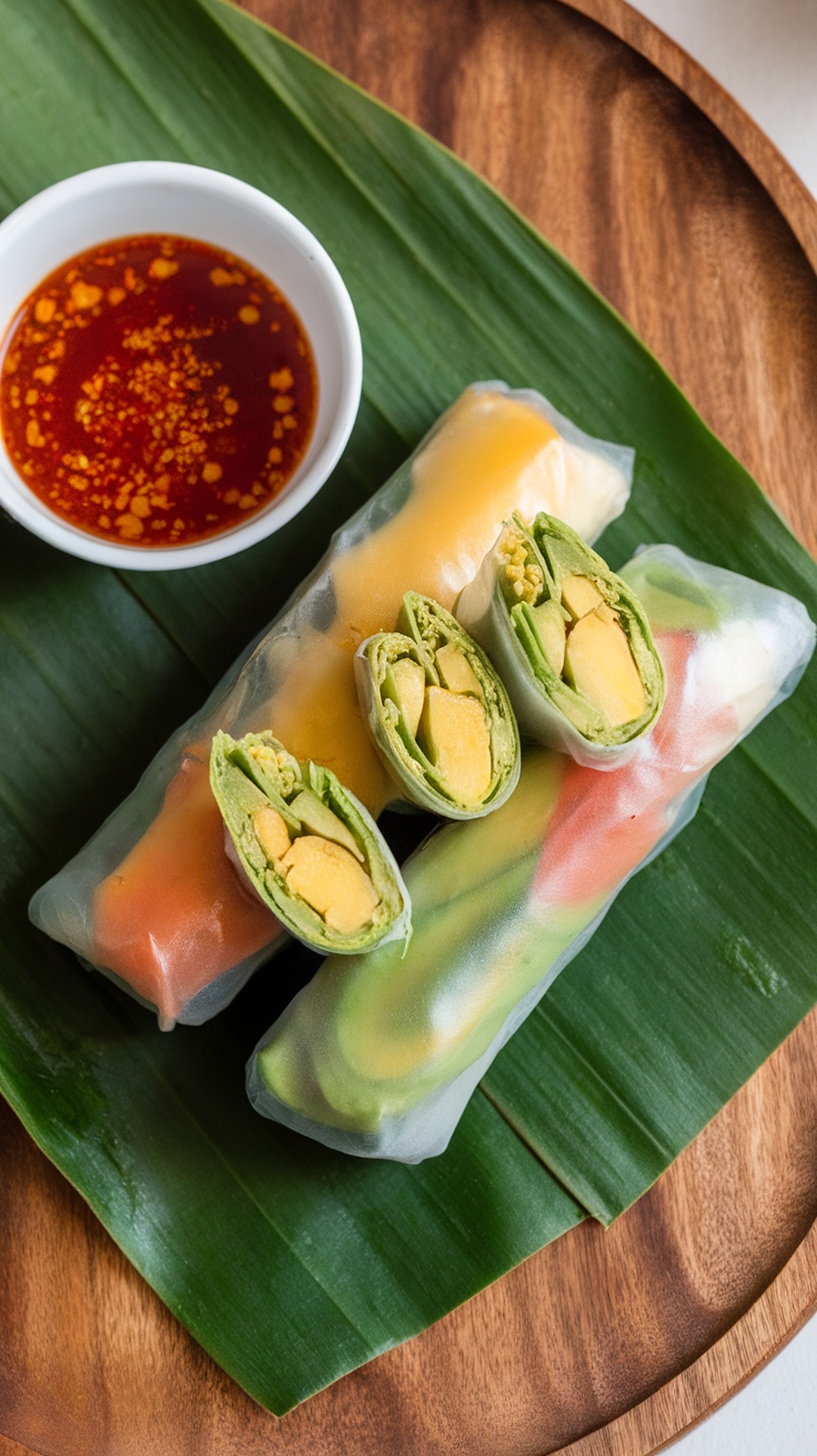 Mango avocado spring rolls on a wooden plate with dipping sauce
