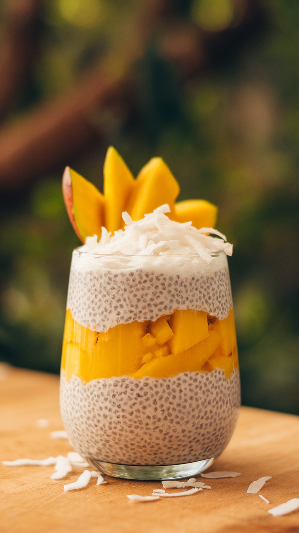 A glass of Mango Coconut Chia Pudding topped with mango slices and shredded coconut.