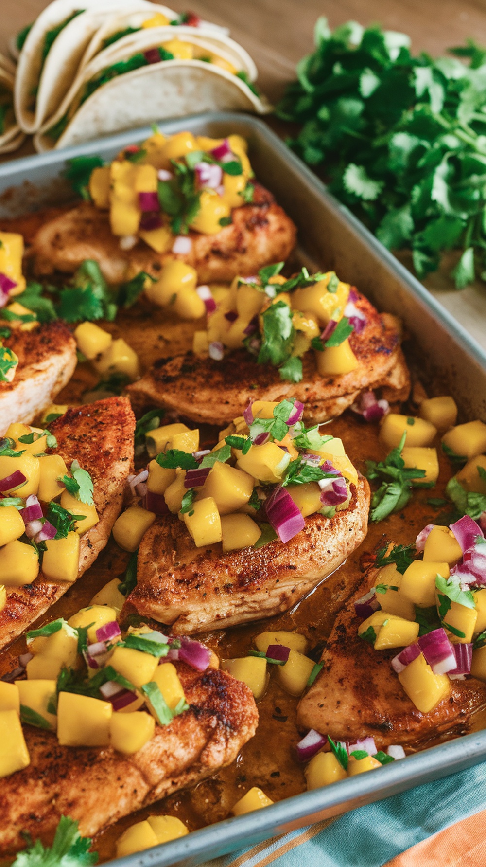 Mango Salsa Chicken Tacos with chicken breasts topped with mango salsa, tortillas, and cilantro.