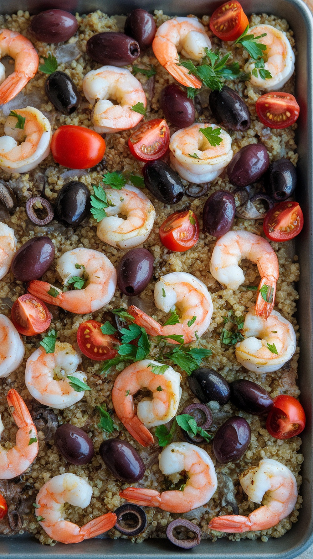 A colorful sheet pan of Mediterranean shrimp with quinoa, cherry tomatoes, and olives.