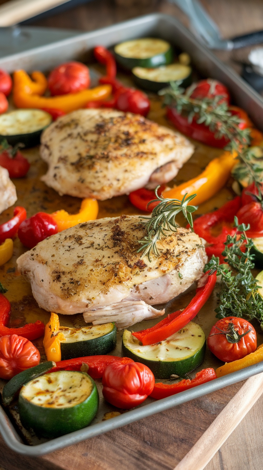 A tray of baked chicken breasts with colorful vegetables including bell peppers, zucchini, and cherry tomatoes.