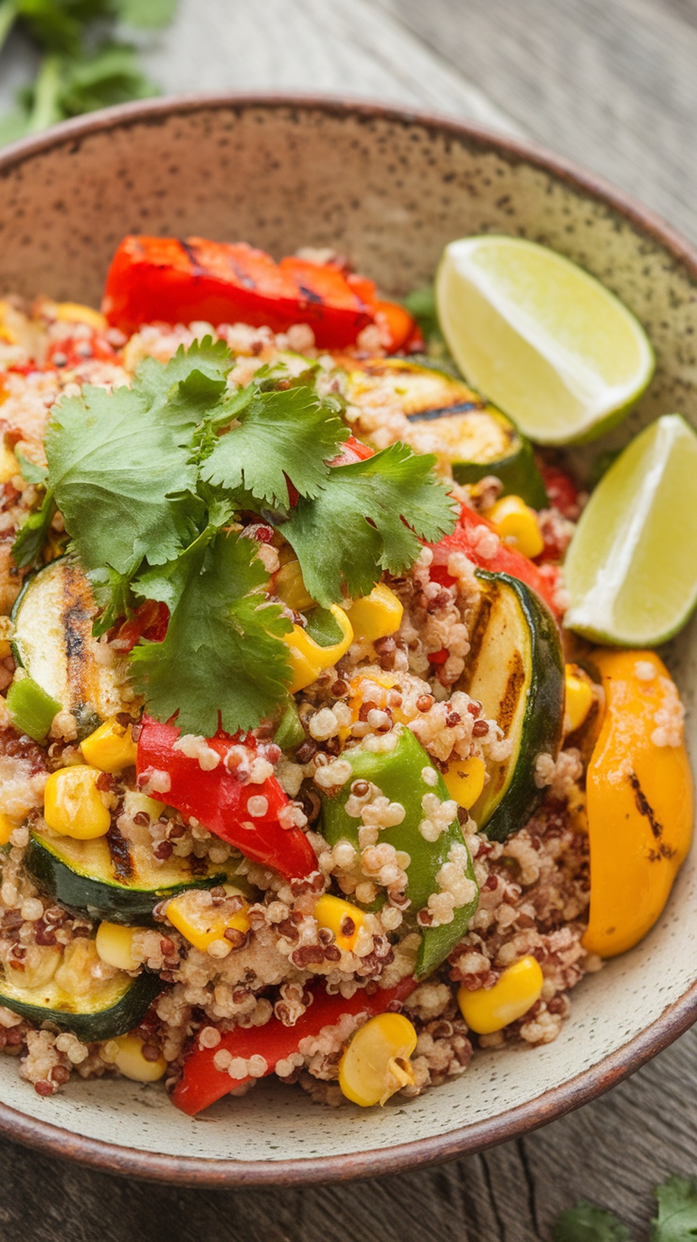 A bowl of quinoa salad with grilled vegetables, garnished with cilantro and lime wedges.
