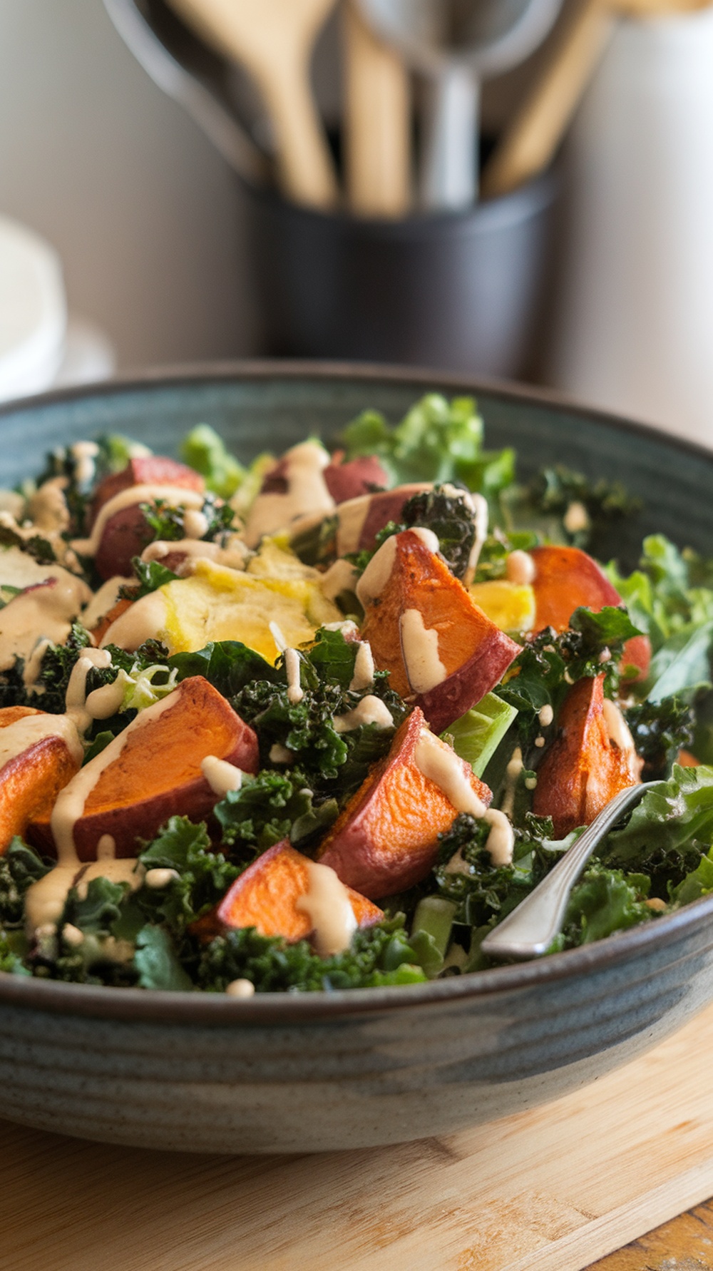 A colorful bowl of roasted sweet potato and kale salad with tahini dressing.