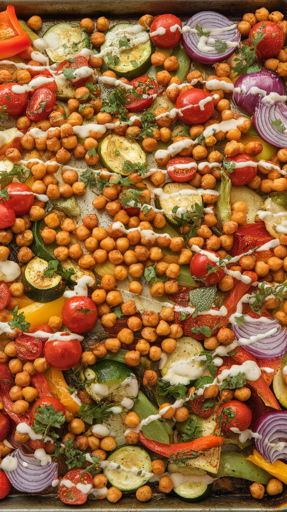 A colorful sheet pan filled with roasted vegetables and chickpeas, drizzled with sauce and garnished with herbs.