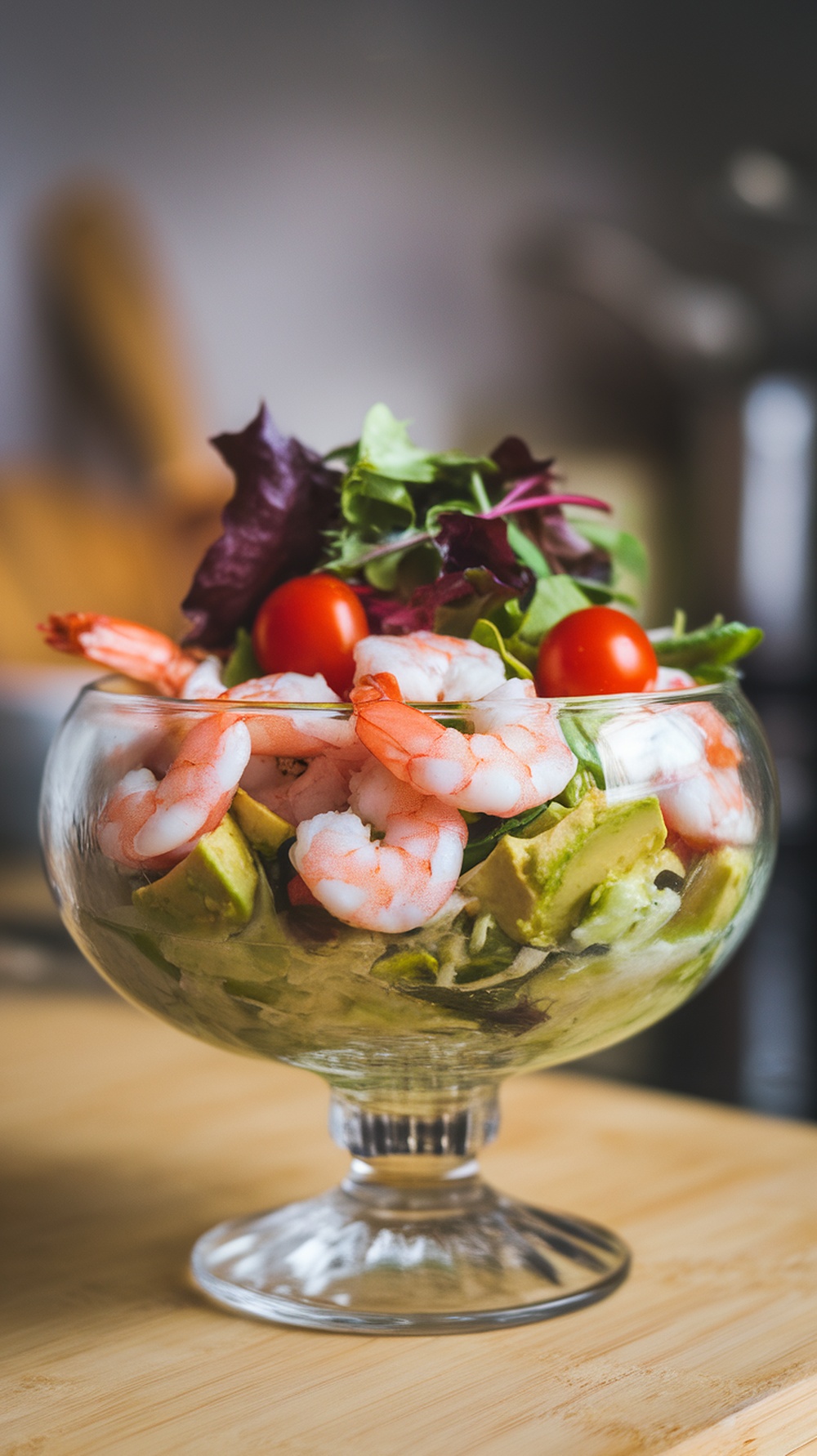 A vibrant Shrimp and Avocado Salad with shrimp, avocado, mixed greens, and cherry tomatoes in a glass bowl.