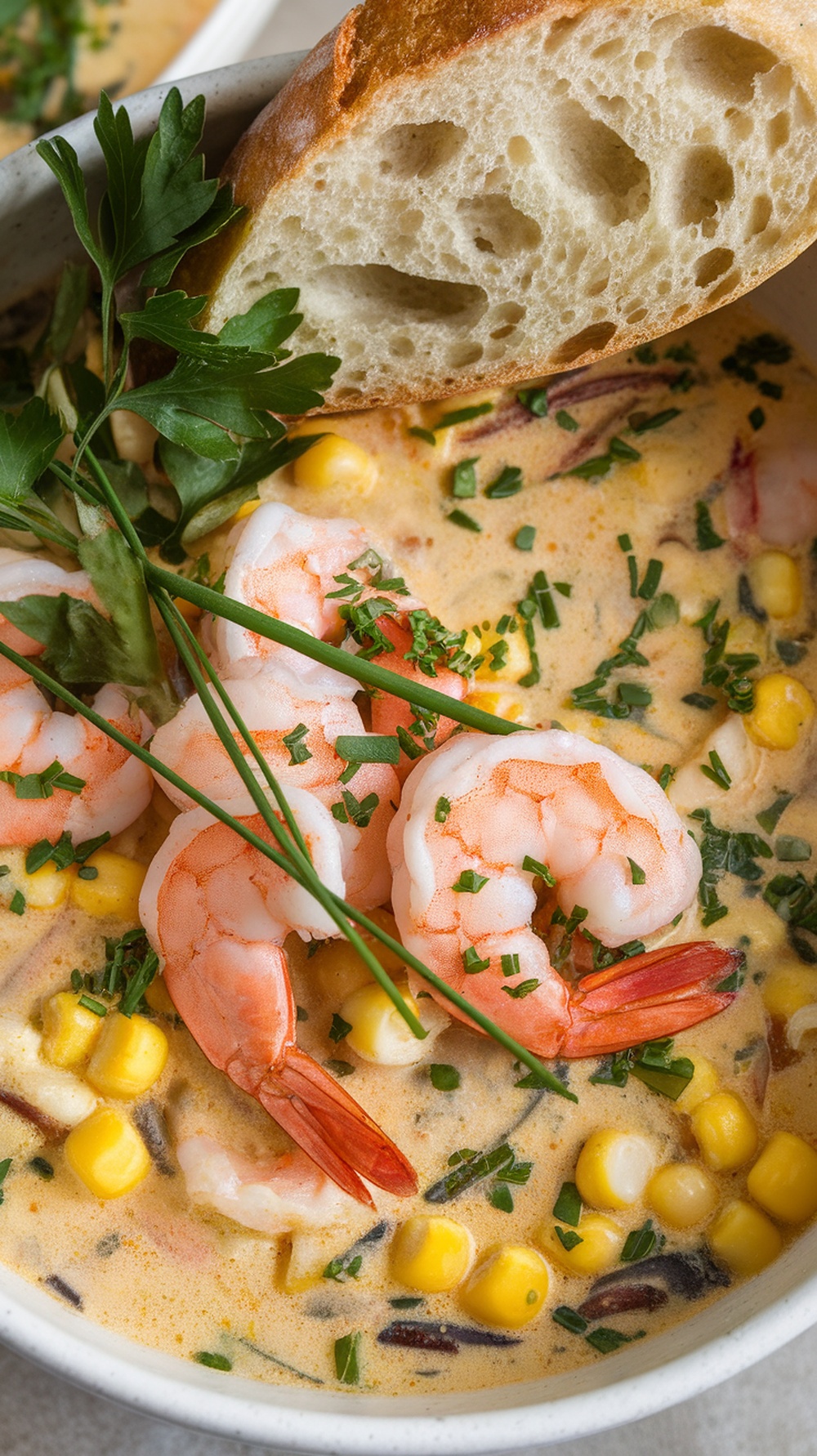 A bowl of shrimp and corn chowder with fresh shrimp, corn, and herbs, served with a slice of bread.