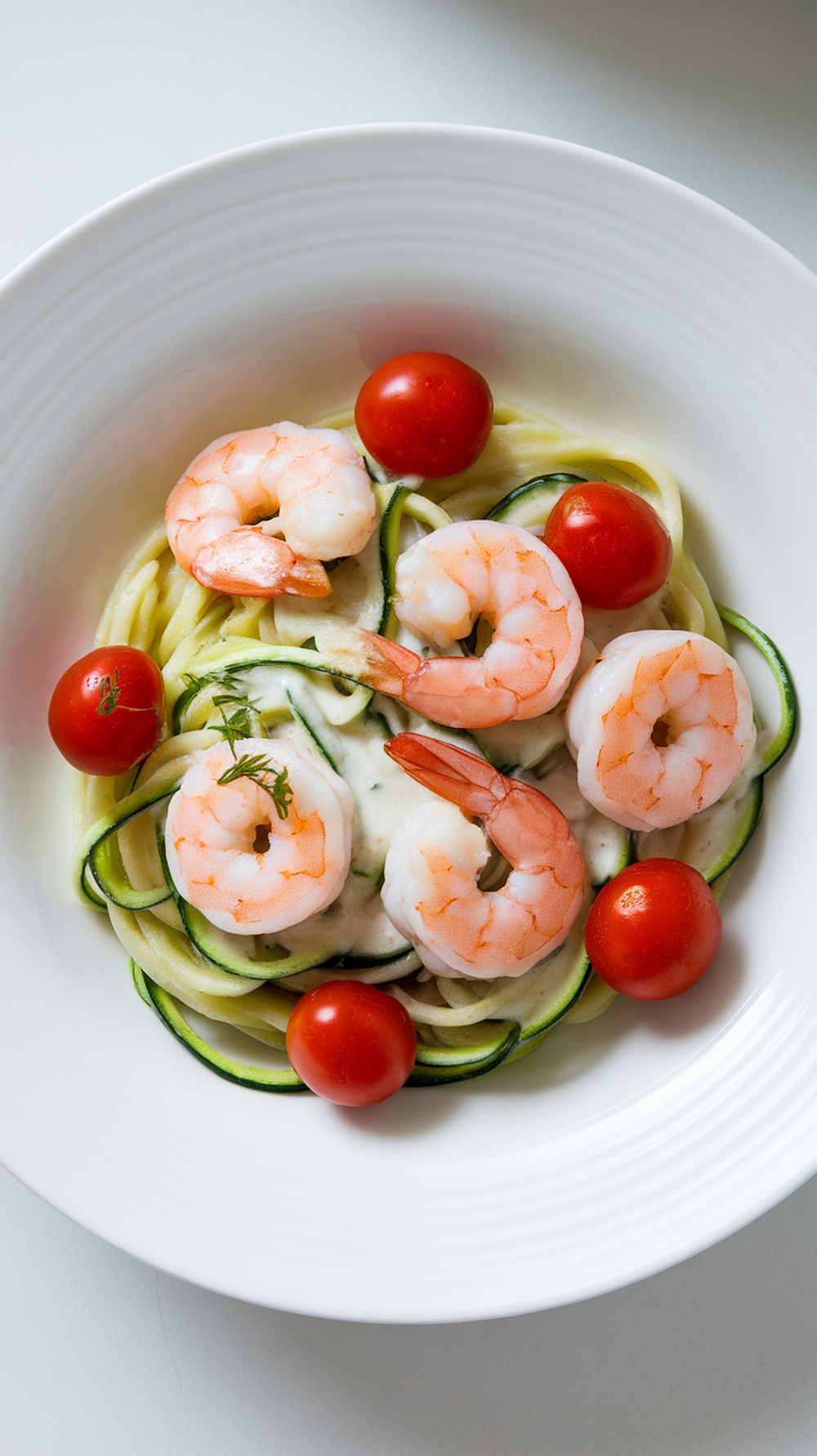 A plate of shrimp and zucchini noodles garnished with cherry tomatoes and fresh herbs.
