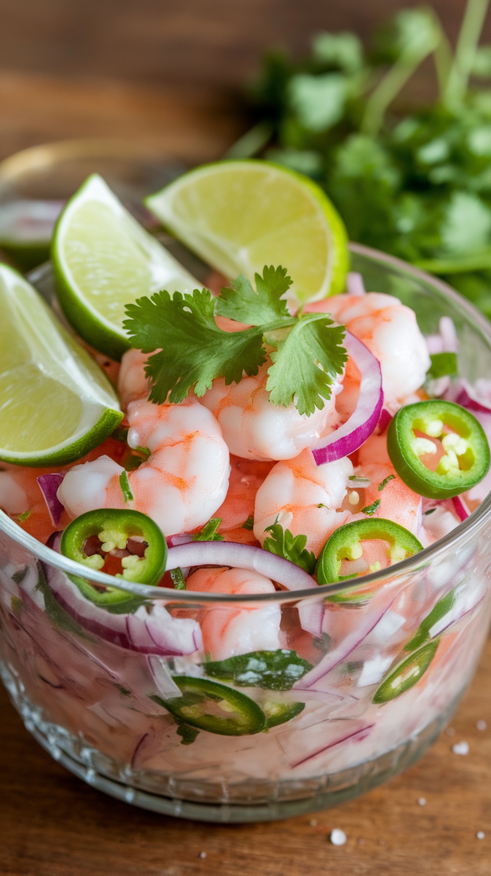 A bowl of shrimp ceviche with lime, cilantro, red onions, and jalapeño slices.