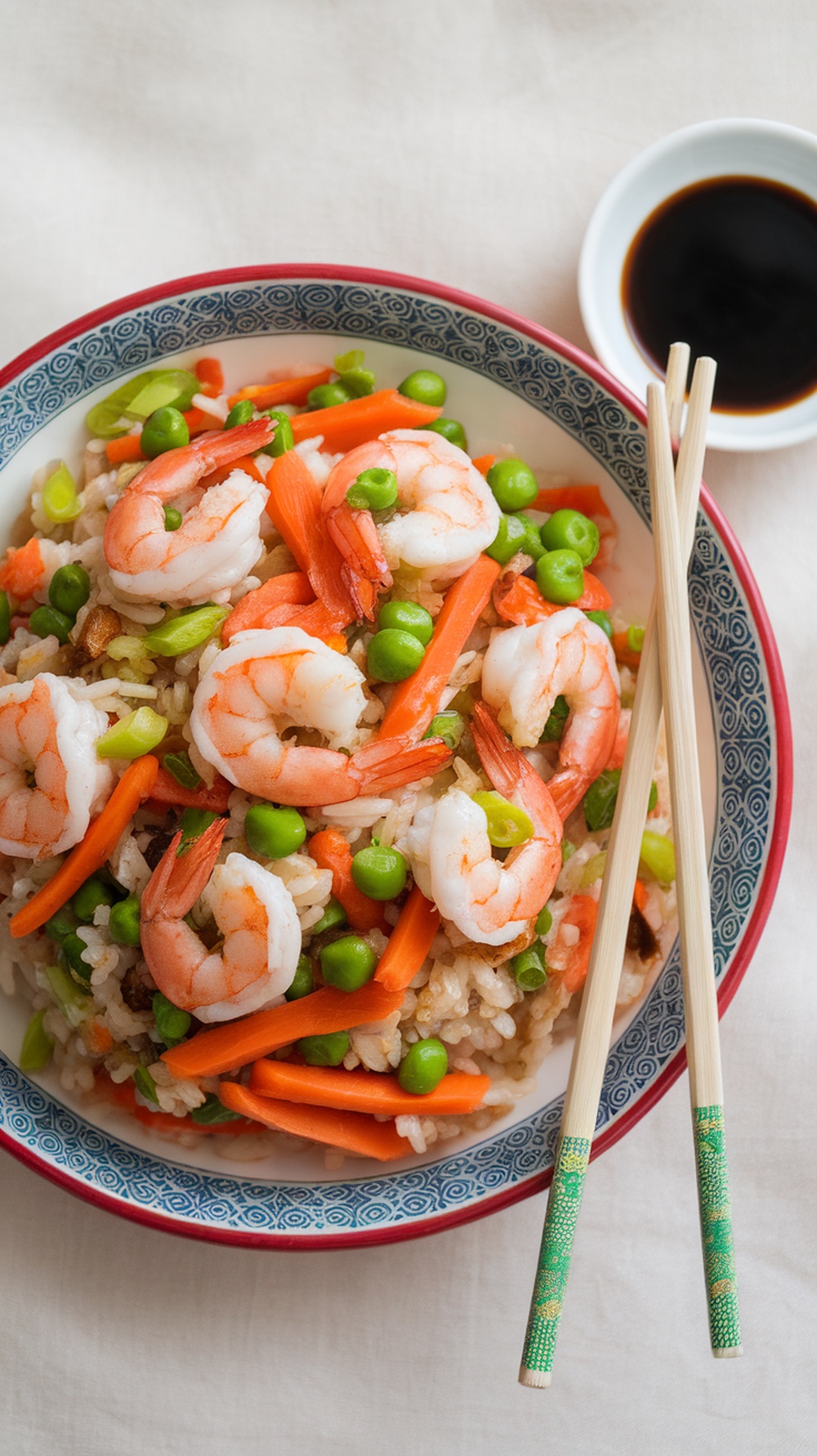 A bowl of shrimp fried rice with colorful vegetables and chopsticks