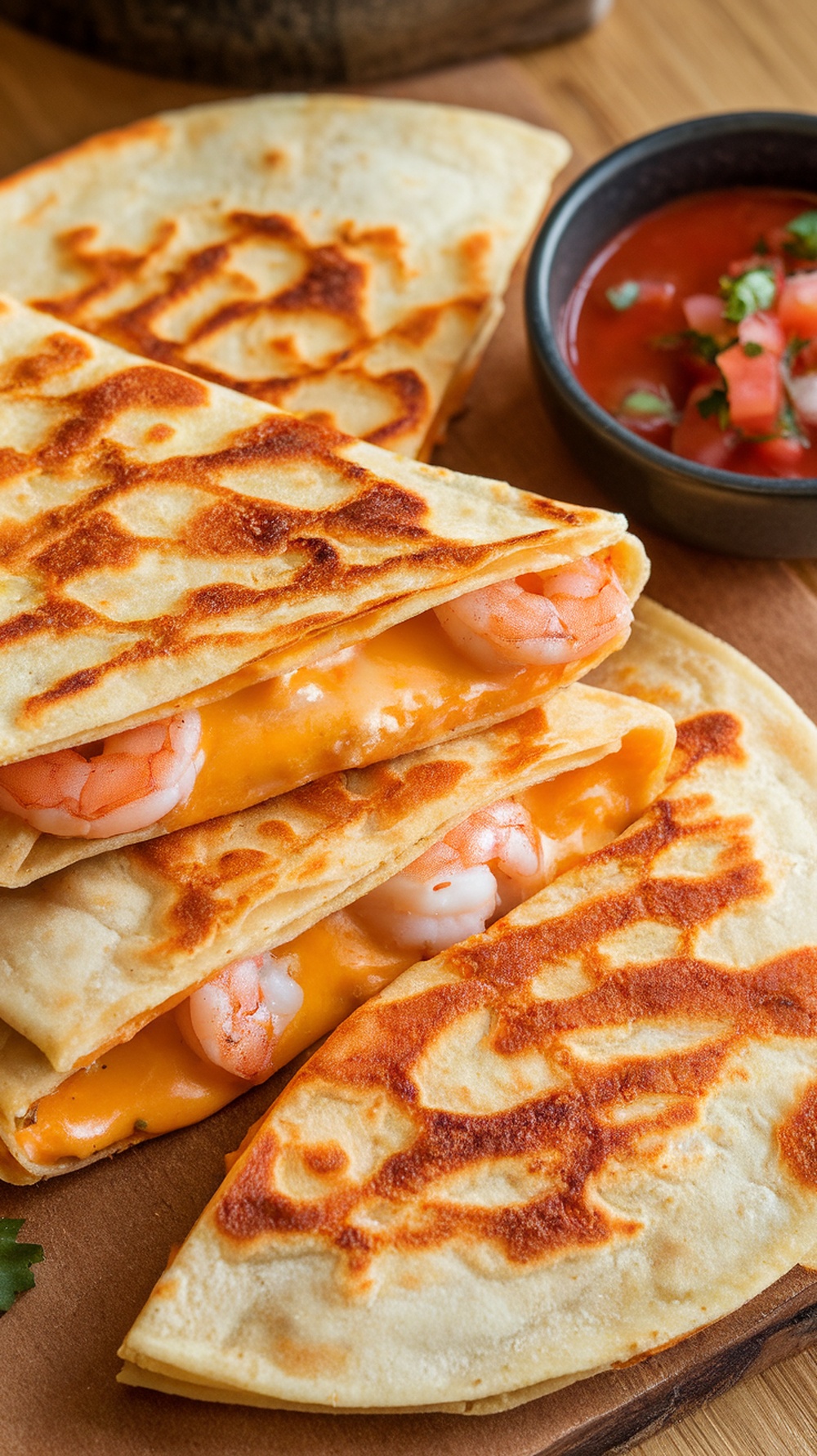 Shrimp quesadillas with cheese served with salsa