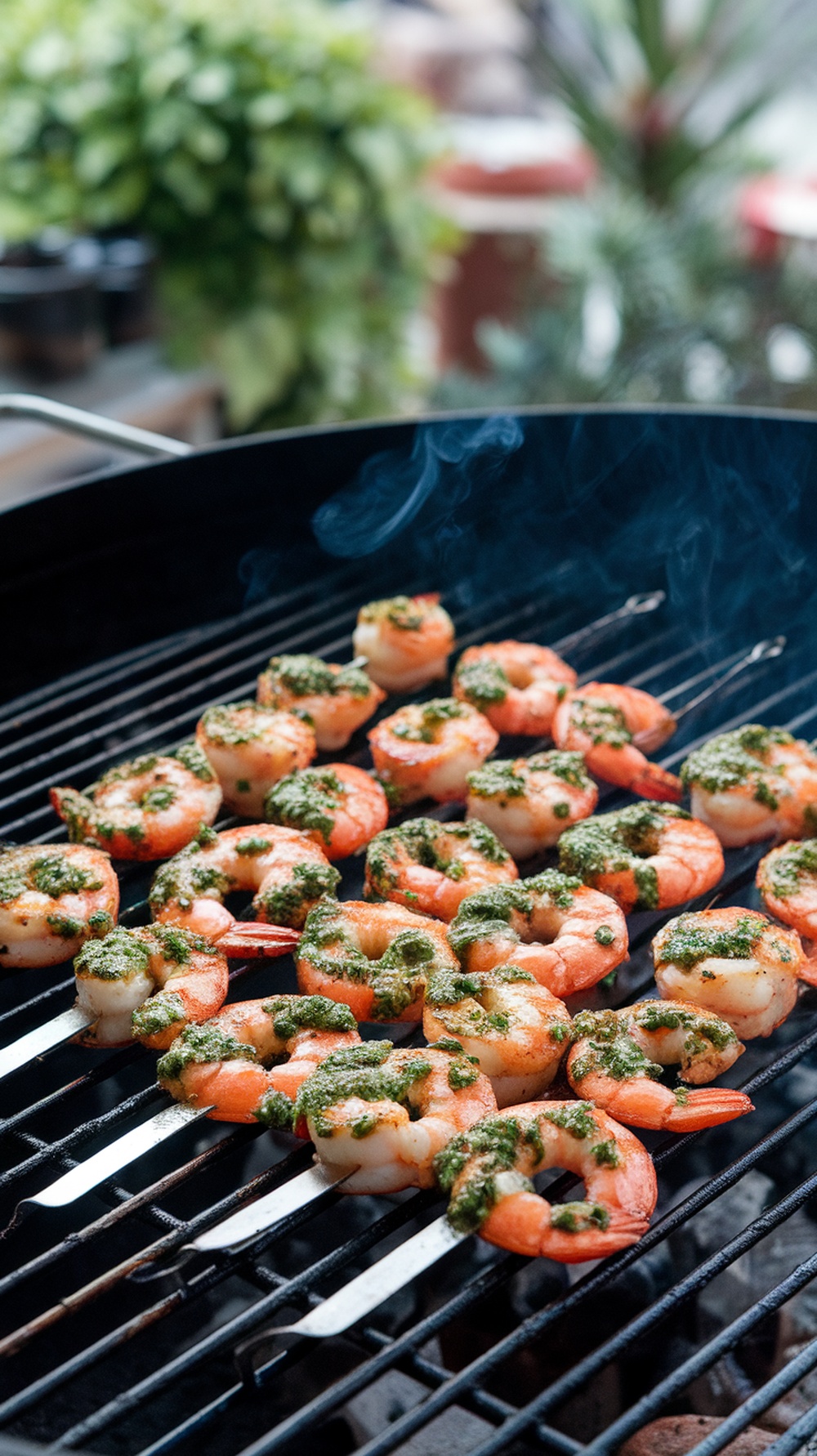Grilled shrimp skewers with chimichurri sauce on a grill