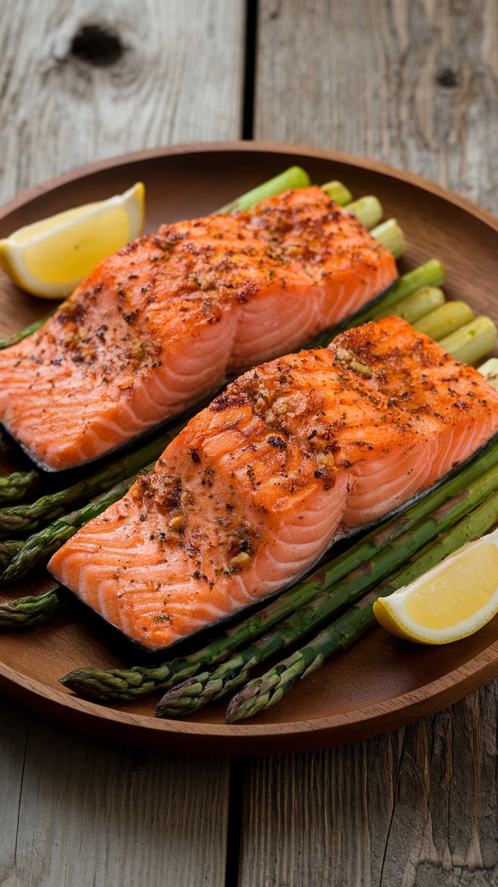 Grilled salmon fillets on a wooden plate with asparagus and lemon slices