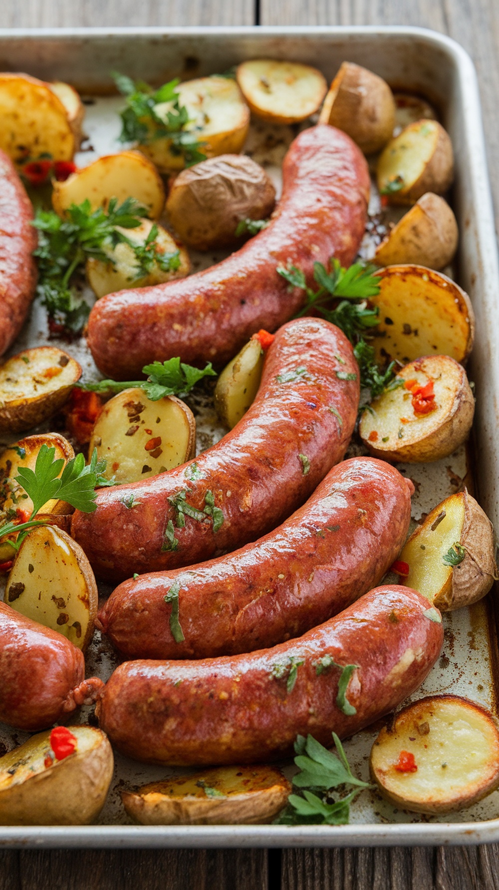 A sheet pan filled with spicy sausages and roasted baby potatoes, garnished with parsley.