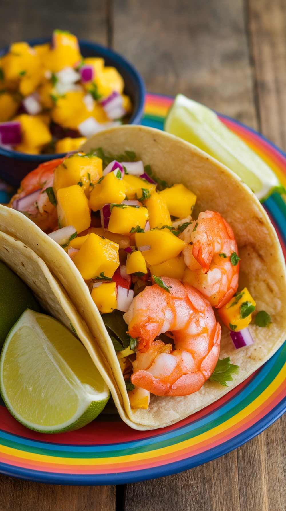 Spicy shrimp tacos with mango salsa on a colorful plate