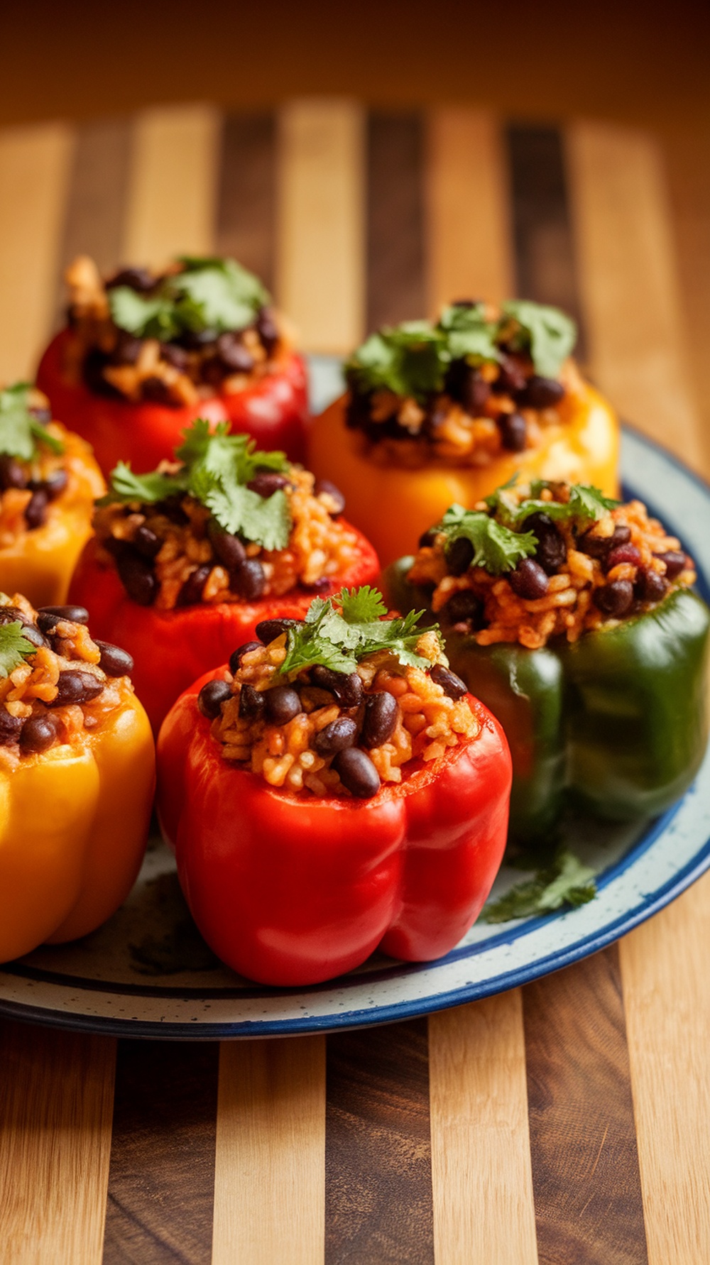 Colorful stuffed bell peppers filled with black beans and rice, garnished with cilantro.