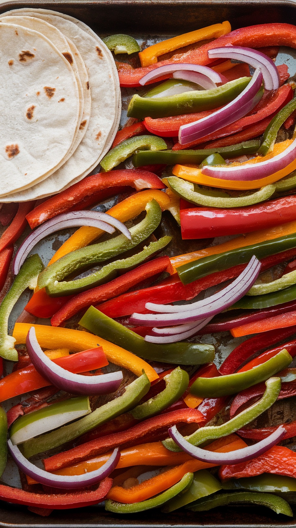 A sheet pan filled with sliced bell peppers and onions, ready for fajitas.